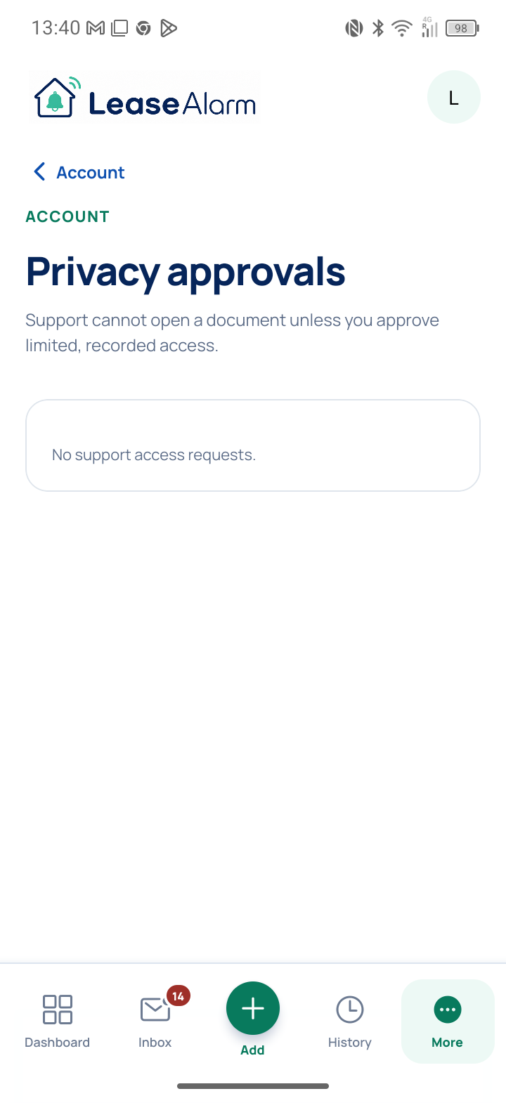 Complete current Android privacy-approvals screen with the Dashboard, Inbox, Add, History and More navigation